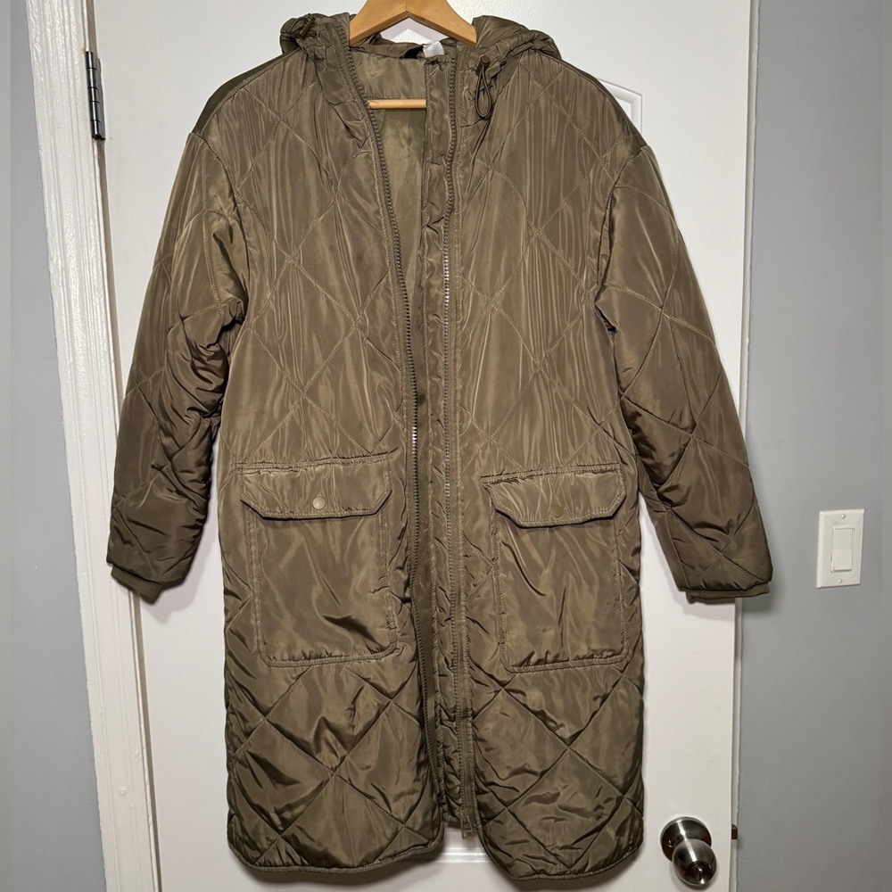 h&m olive green quilt jacket with hood